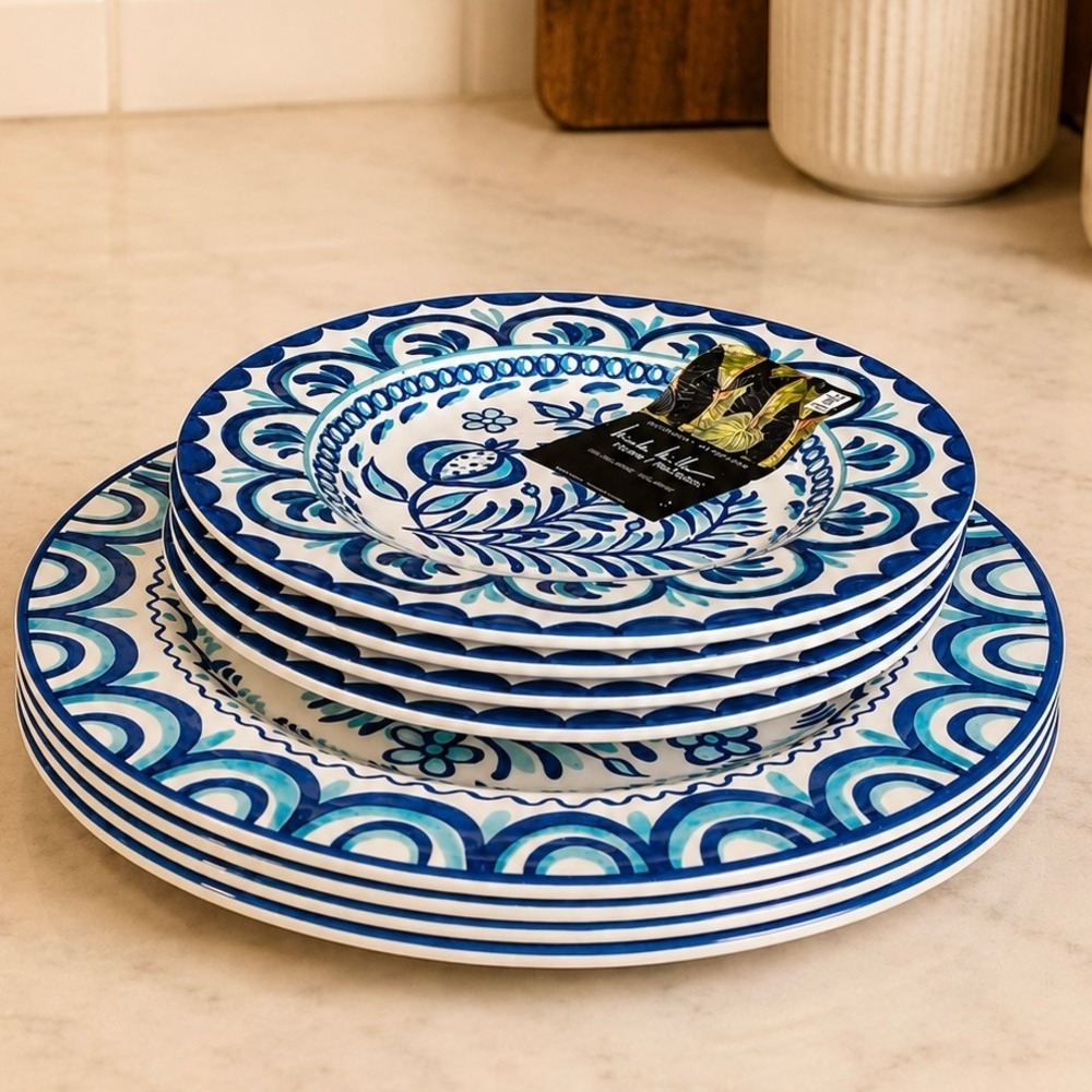 Nicole Miller Blue Jacobean Floral Melamine Plates Set of 8 Dinner Salad NWT